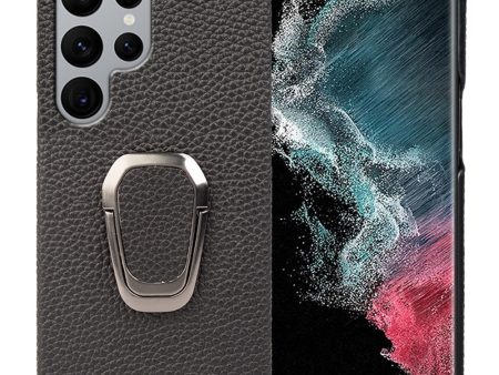 Drop-proof Phone Case for Samsung Galaxy S22 Ultra 5G, Litchi Texture Genuine Leather Coated PC Protective Cover with Ring Kickstand Online