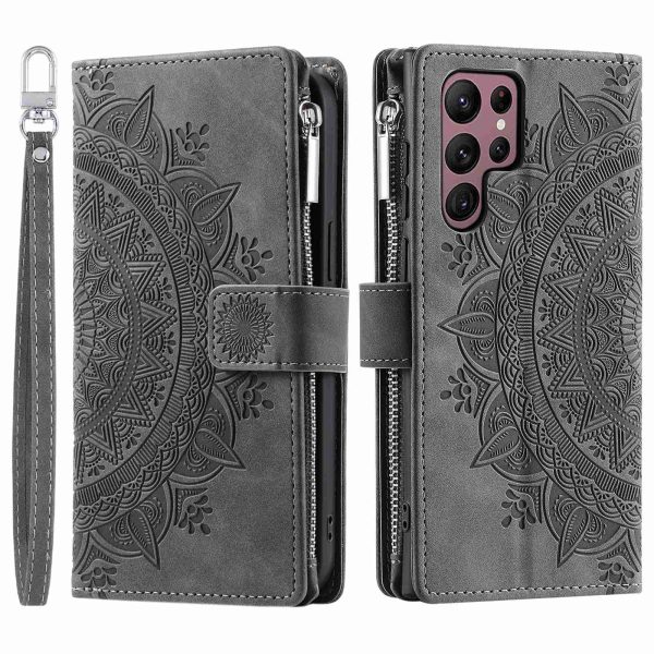 For Samsung Galaxy S22 Ultra 5G Zipper Pocket Phone Case, Mandala Flower Imprinted PU Leather Stand Cover Multiple Card Slots Wallet on Sale