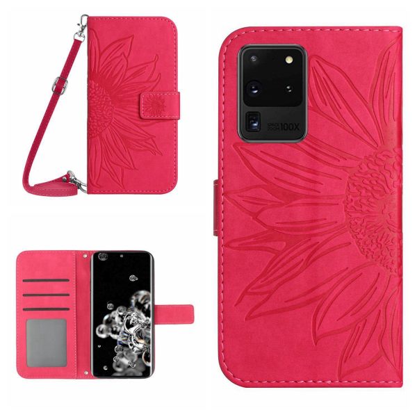 For Samsung Galaxy S20 Ultra HT04 Stand Wallet Phone Case with Shoulder Strap Skin-touch Imprinted Sunflower PU Leather Phone Cover Discount