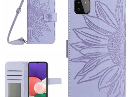 For Samsung Galaxy A22 5G (EU Version) HT04 Imprinted Sunflower PU Leather Smartphone Cover Stand Drop-proof Skin-touch Phone Wallet Case with Shoulder Strap Fashion