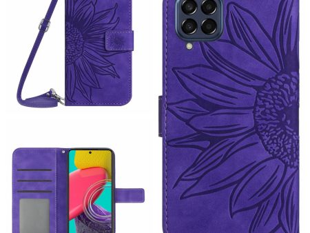 For Samsung Galaxy M53 5G HT04 Sunflower Imprinted Skin-touch PU Leather Case Wallet Stand Magnetic Phone Cover with Shoulder Strap For Discount