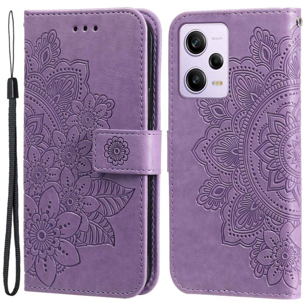 For Xiaomi Redmi Note 12 Pro 5G PU Leather Magnetic Closure Flower Imprinted Case Stand Feature Wallet Full Body Protective Phone Cover Shell with Strap on Sale