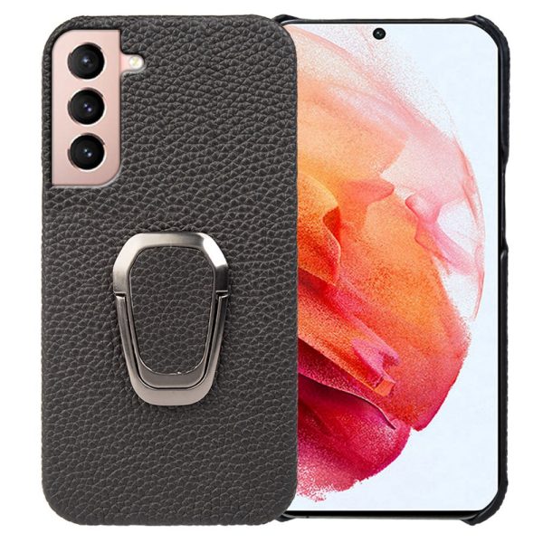 For Samsung Galaxy S21 4G   5G Genuine Leather Coated PC Protective Case Litchi Texture Phone Back Cover with Ring Kickstand Online now