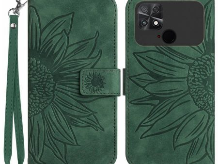 For Xiaomi Poco C40 4G HT04 Imprinted Sunflower PU Leather Flip Case Wallet Style Skin-Touch Shockproof Folio Stand Cover with Wrist Strap For Sale