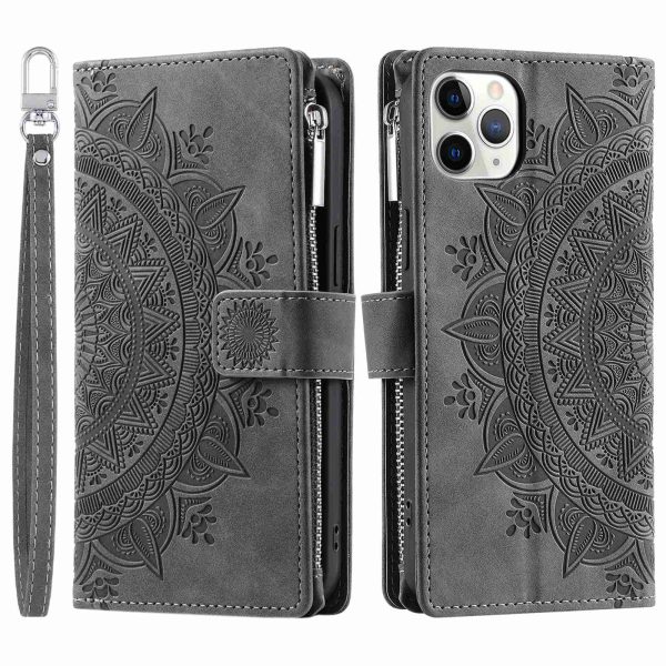 Mandala Flower Imprinted Phone Case For iPhone 11 Pro 5.8 inch, Zipper Pocket Wallet Stand Multiple Card Slots Full Protection PU Leather Phone Cover with Strap Online now