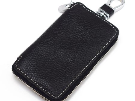 K49 Litchi Texture Cowhide Leather Key Case Zipper Pouch Keychain Holder Bag with Inner Card Slot For Sale