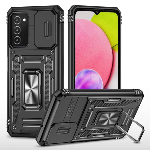 For Samsung Galaxy A03s (166.5 x 75.98 x 9.14mm) Armor Series Bump Proof Hybrid Hard PC Soft TPU Shockproof Case Ring Car Mount Kickstand Back Shell with Camera Cover Fashion