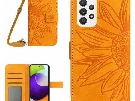 For Samsung Galaxy A72 4G   5G HT04 Sunflower Imprinted PU Leather Stand Smartphone Case Skin-touch Full Protection Phone Wallet Cover with Shoulder Strap Online Sale