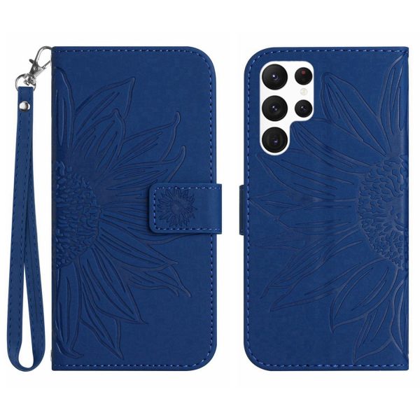 PU Leather Phone Case For Samsung Galaxy S22 Ultra 5G, HT04 Imprinted Sunflower Skin-Touch Stand Magnetic Closure Anti-drop Phone Wallet Cover with Strap Discount