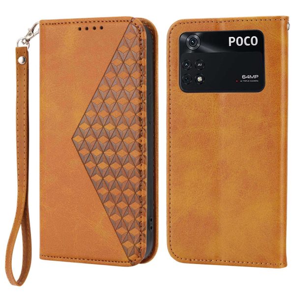 For Xiaomi Poco X4 Pro 5G Imprinted Rhombus Pattern Phone Stand Case Calf Texture PU Leather Wallet Magnetic Closure Cover with Strap Cheap