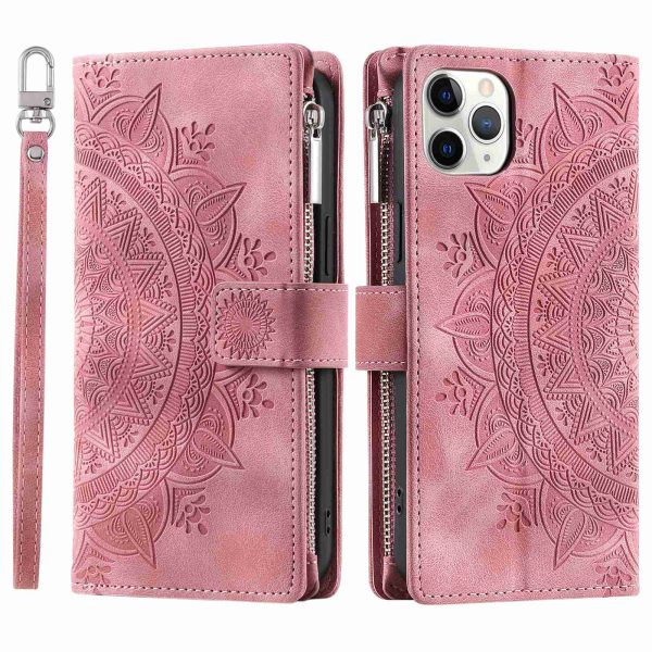 Mandala Flower Imprinted Phone Case For iPhone 11 Pro 5.8 inch, Zipper Pocket Wallet Stand Multiple Card Slots Full Protection PU Leather Phone Cover with Strap Online now