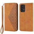 For Samsung Galaxy A73 5G Calf Texture PU Leather Wallet Case Imprinted Rhombus Pattern Magnetic Auto-absorbed Phone Stand Cover with Strap Supply