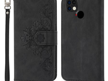 For Xiaomi Poco C40 4G Imprinted Flowers Skin-touch Stand Phone Cover Multiple Card Slots PU Leather Wallet Case with Wrist Strap and Shoulder Strap Supply