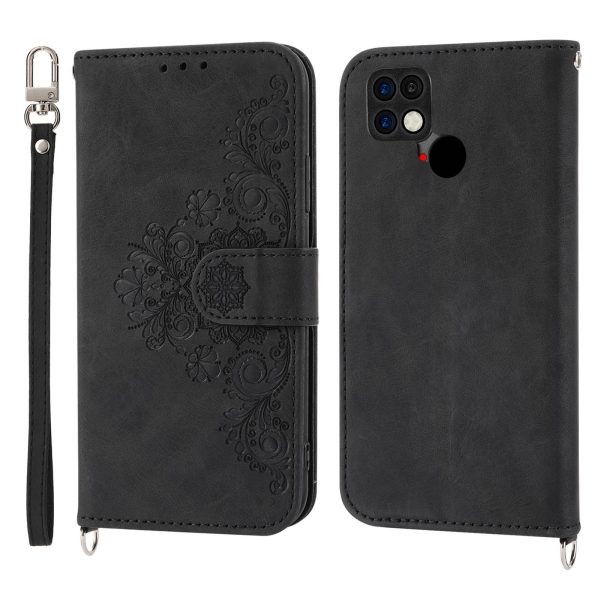 For Xiaomi Poco C40 4G Imprinted Flowers Skin-touch Stand Phone Cover Multiple Card Slots PU Leather Wallet Case with Wrist Strap and Shoulder Strap Supply