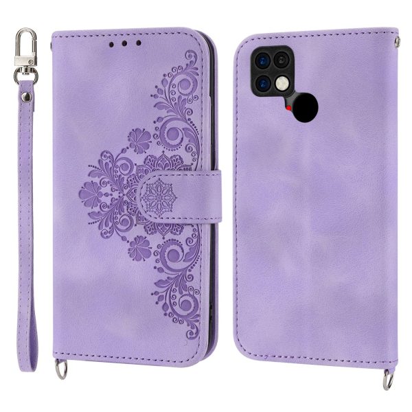 For Xiaomi Poco C40 4G Imprinted Flowers Skin-touch Stand Phone Cover Multiple Card Slots PU Leather Wallet Case with Wrist Strap and Shoulder Strap Supply