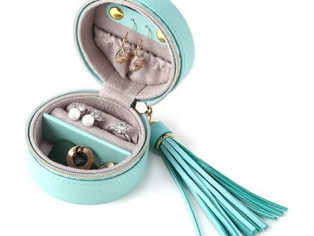 sp01205 Round Small Jewelry Box Earring Ear Stud PU Leather Mini Portable Travel Jewelry Case Organizer with Tassel Dangle For Cheap