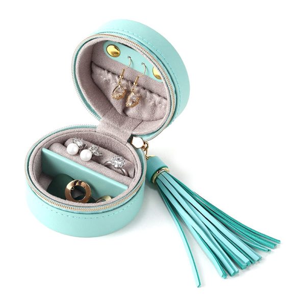 sp01205 Round Small Jewelry Box Earring Ear Stud PU Leather Mini Portable Travel Jewelry Case Organizer with Tassel Dangle For Cheap