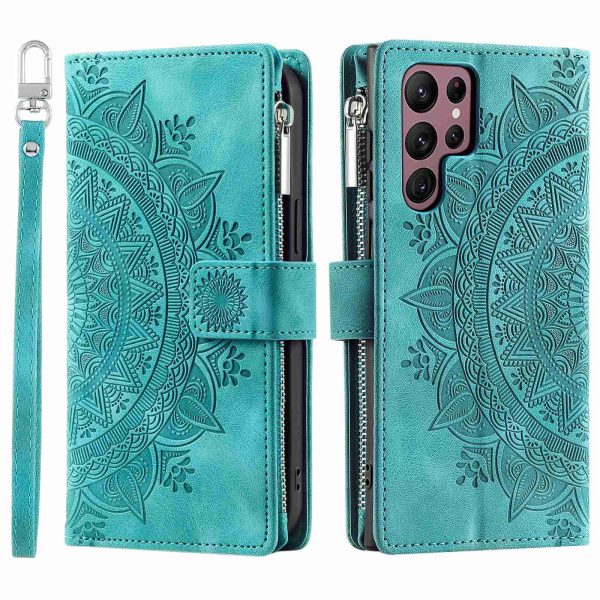 For Samsung Galaxy S22 Ultra 5G Zipper Pocket Phone Case, Mandala Flower Imprinted PU Leather Stand Cover Multiple Card Slots Wallet on Sale