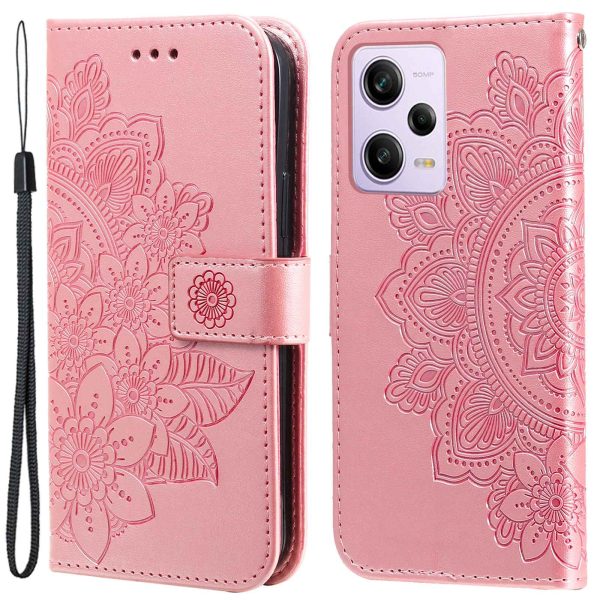 For Xiaomi Redmi Note 12 Pro 5G PU Leather Magnetic Closure Flower Imprinted Case Stand Feature Wallet Full Body Protective Phone Cover Shell with Strap on Sale