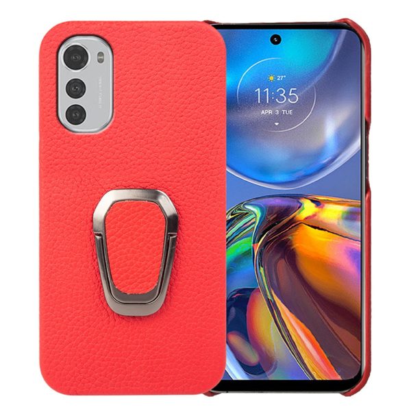 For Motorola Moto E32 4G Ring Kickstand Drop-proof Phone Cover Litchi Texture Genuine Leather Coated PC Case Hot on Sale