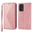 For Samsung Galaxy A73 5G Calf Texture PU Leather Wallet Case Imprinted Rhombus Pattern Magnetic Auto-absorbed Phone Stand Cover with Strap Supply