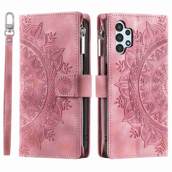 For Samsung Galaxy A13 4G   5G   A04s 4G (164.7 x 76.7 x 9.1 mm) Mandala Flower Imprinted PU Leather+TPU Phone Cover Stand with Multiple Card Slots Zipper Pocket Wallet Case Supply