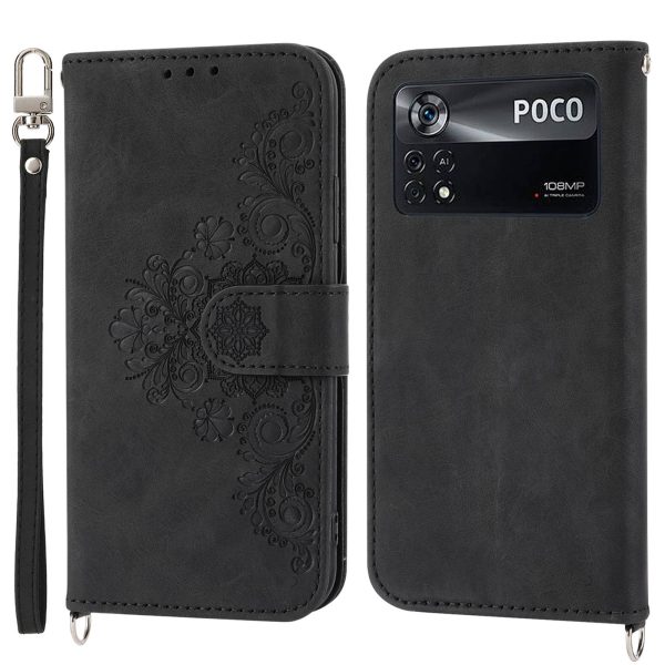 PU Leather Flip Phone Case For Xiaomi Poco X4 Pro 5G, Imprinted Flowers Multiple Card Slots Skin-touch Anti-drop Smartphone Cover Wallet Stand with Straps Cheap