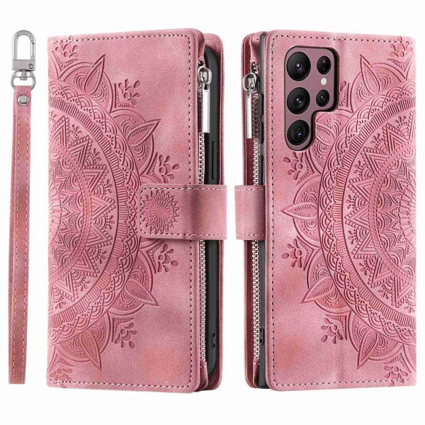 For Samsung Galaxy S22 Ultra 5G Zipper Pocket Phone Case, Mandala Flower Imprinted PU Leather Stand Cover Multiple Card Slots Wallet on Sale