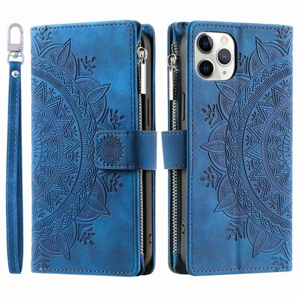 Mandala Flower Imprinted Phone Case For iPhone 11 Pro 5.8 inch, Zipper Pocket Wallet Stand Multiple Card Slots Full Protection PU Leather Phone Cover with Strap Online now