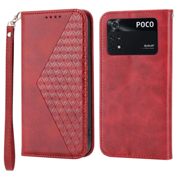 For Xiaomi Poco X4 Pro 5G Imprinted Rhombus Pattern Phone Stand Case Calf Texture PU Leather Wallet Magnetic Closure Cover with Strap Cheap