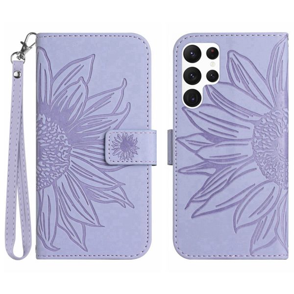 PU Leather Phone Case For Samsung Galaxy S22 Ultra 5G, HT04 Imprinted Sunflower Skin-Touch Stand Magnetic Closure Anti-drop Phone Wallet Cover with Strap Discount