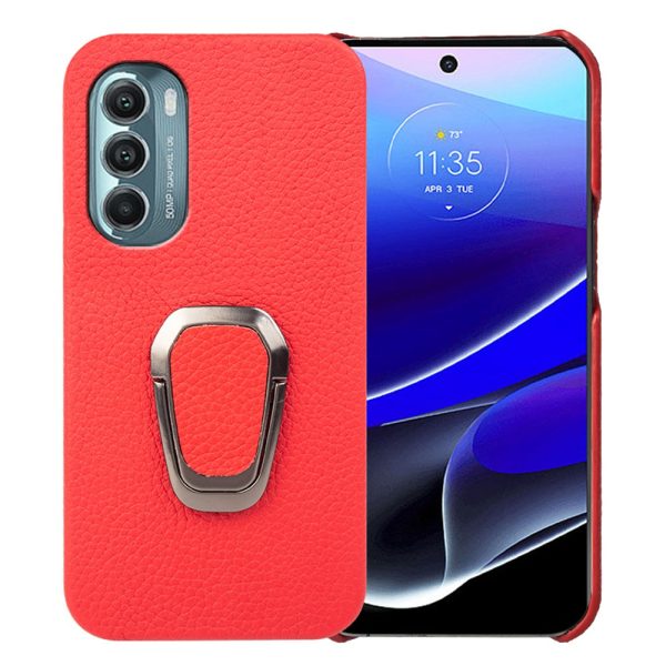 For Motorola Moto G Stylus 5G (2022) Ring Kickstand Litchi Texture Phone Case Anti-scratch Genuine Leather Coated PC Cover Supply