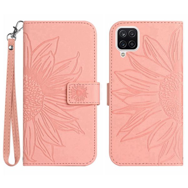 For Samsung Galaxy A22 4G (EU Version) HT04 Skin-Touch Flip Wallet Cover Imprinted Sunflower Full Protection Phone Case Stand with Hand Strap For Sale