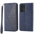 For Samsung Galaxy A73 5G Calf Texture PU Leather Wallet Case Imprinted Rhombus Pattern Magnetic Auto-absorbed Phone Stand Cover with Strap Supply