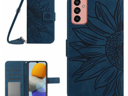 HT04 Imprinted Sunflower Phone Case For Samsung Galaxy M23 5G   F23 5G, PU Leather Wallet Stand Magnetic Clasp Skin-touch Anti-fall Phone Cover with Shoulder Strap For Sale