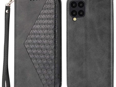 Anti-drop Protective Phone Case For Samsung Galaxy A22 4G (EU Version), Calf Texture PU Leather Imprinted Rhombus Pattern Flip Cover Wallet Stand with Strap Supply