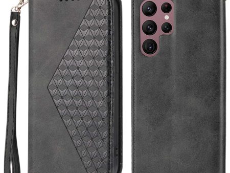 For Samsung Galaxy S22 Ultra 5G Calf Texture Wallet Stand Phone Case PU Leather Imprinted Rhombus Pattern Cover with Strap Supply