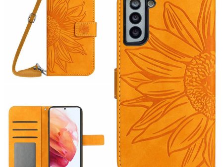 For Samsung Galaxy S21+ 5G HT04 Imprinted Sunflower Phone Case with Shoulder Strap, PU Leather Skin-touch Wallet Stand Cover Supply