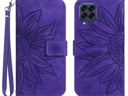 For Samsung Galaxy M33 5G (Global Version) HT04 Skin-Touch PU Leather Phone Shockproof Case Imprinted Sunflower Flip Stand Wallet Cover with Hand Strap Online Sale