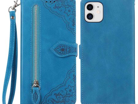 For iPhone 11 6.1 inch PU Leather Zipper Wallet Phone Case Flower Imprinted Magnetic Clasp Stand Folio Flip Cover with Strap Online Hot Sale