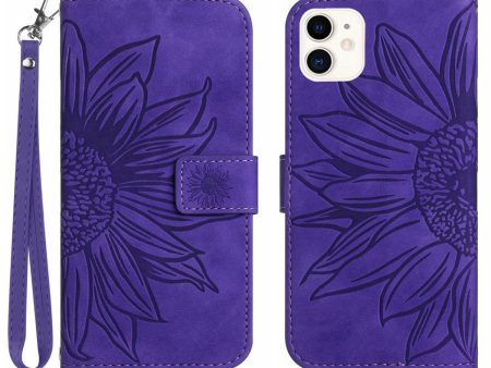 For iPhone 12 mini 5.4 inch HT04 Imprinted Sunflower Phone Shockproof Case Skin-Touch PU Leather Foldable Stand Wallet Cover with Hand Strap Online Hot Sale