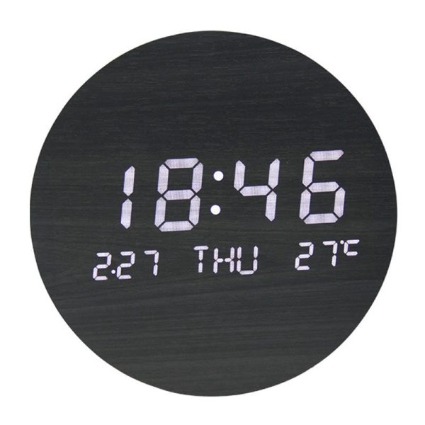 Round Alarm Clock Large Screen Living Room Rechargeable Wooden Wall Clock Temperature Display Online now