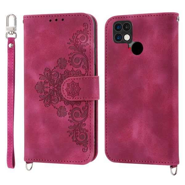 For Xiaomi Poco C40 4G Imprinted Flowers Skin-touch Stand Phone Cover Multiple Card Slots PU Leather Wallet Case with Wrist Strap and Shoulder Strap Supply