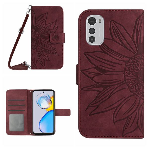 For Motorola Moto E32 4G   E32s 4G Imprinted Sunflower PU Leather Phone Cover Skin-touch Full Protection Stand Wallet Case with Shoulder Strap For Cheap