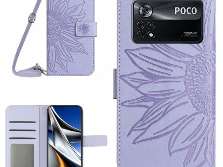 For Xiaomi Poco X4 Pro 5G HT04 PU Leather Sunflower Imprinted Wallet Feature Stand Case Skin-touch Magnetic Clasp Phone Cover with Shoulder Strap For Sale