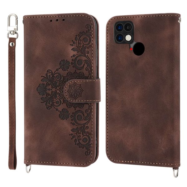 For Xiaomi Poco C40 4G Imprinted Flowers Skin-touch Stand Phone Cover Multiple Card Slots PU Leather Wallet Case with Wrist Strap and Shoulder Strap Supply