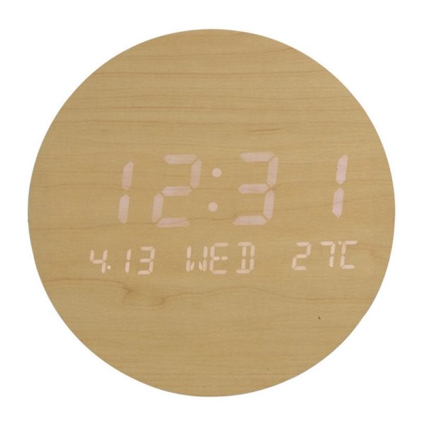 Round Alarm Clock Large Screen Living Room Rechargeable Wooden Wall Clock Temperature Display Online now