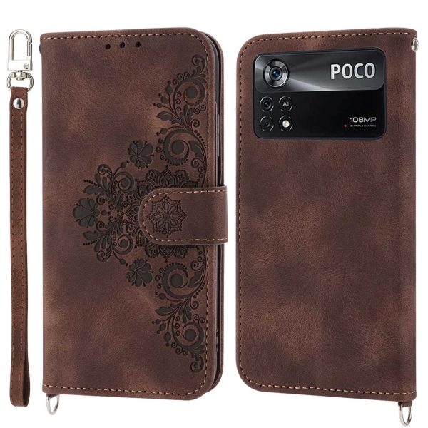 PU Leather Flip Phone Case For Xiaomi Poco X4 Pro 5G, Imprinted Flowers Multiple Card Slots Skin-touch Anti-drop Smartphone Cover Wallet Stand with Straps Cheap