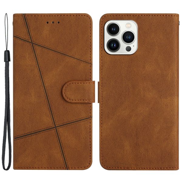 For iPhone 14 Pro Max Crazy Horse Texture PU Leather Flip Case Imprinted Lines Stand Wallet Folio Cover with Strap Fashion