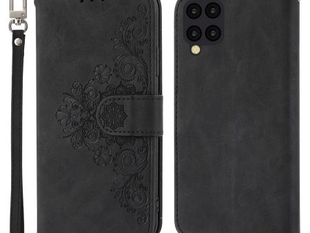 For Samsung Galaxy A22 4G (EU Version) Imprinted Flowers Skin-touch Multiple Card Slots Phone Case PU Leather Stand Wallet Cover with Wrist Strap and Shoulder Strap For Discount